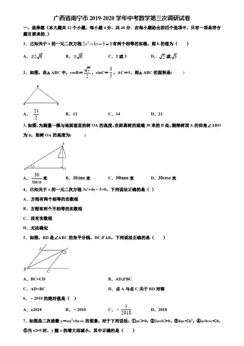 广西省南宁市2019-2020学年中考数学第三次调研试卷含解析