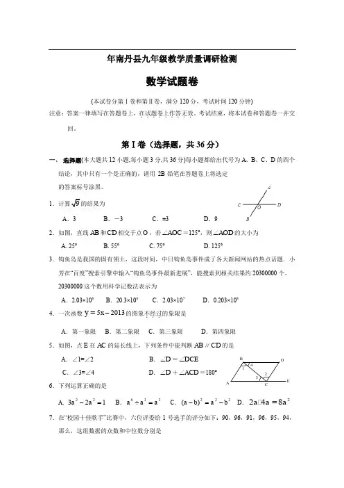 广西南丹县九年级模拟考试数学试题(含答案)