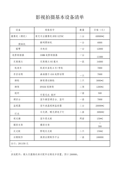 影视拍摄基本设备清单