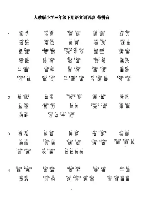 人教版小学三年级下册语文词语表-带拼音