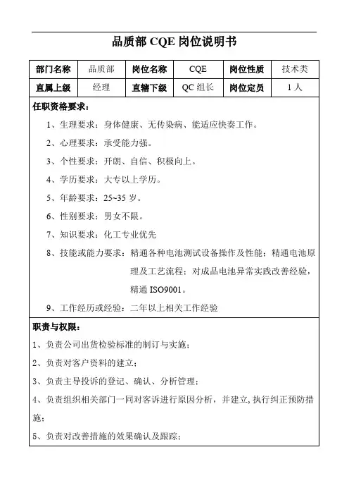 品质部CQE岗位说明书