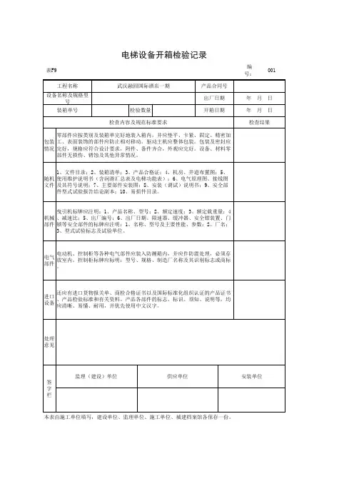 电梯设备开箱检验记录