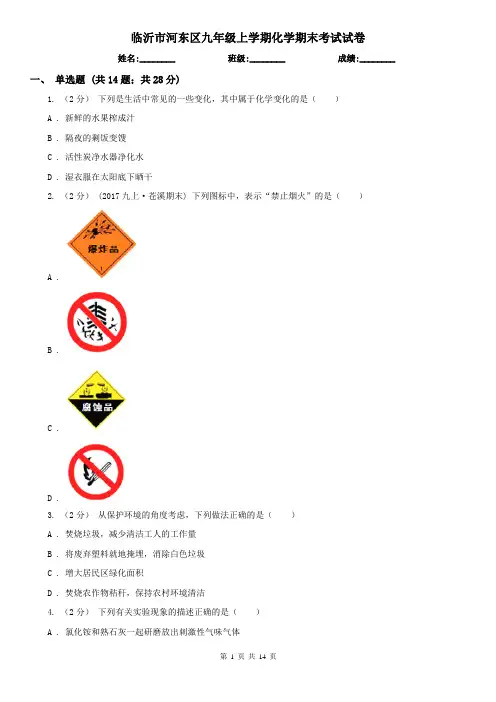 临沂市河东区九年级上学期化学期末考试试卷