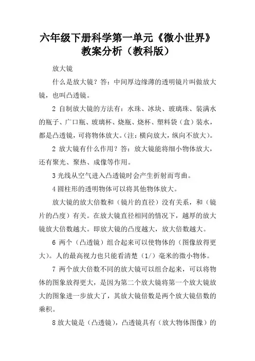 六年级下册科学第一单元《微小世界》教案分析(教科版)