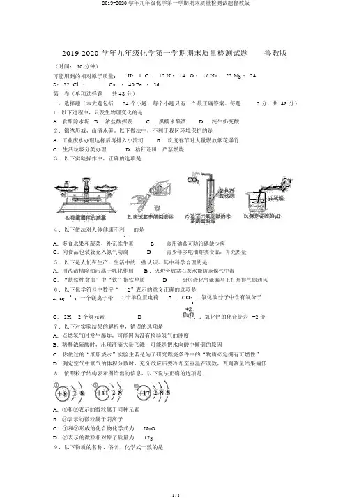 2019-2020学年九年级化学第一学期期末质量检测试题鲁教版