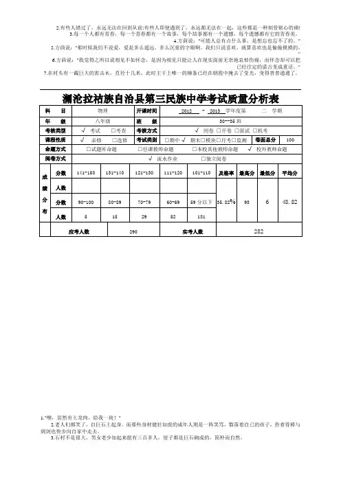 八年级物理质量分析表(下) 2
