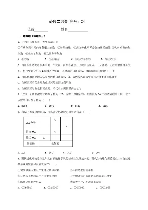 人教版高中生物必修二 必修二综合2(同步练习,含答案)