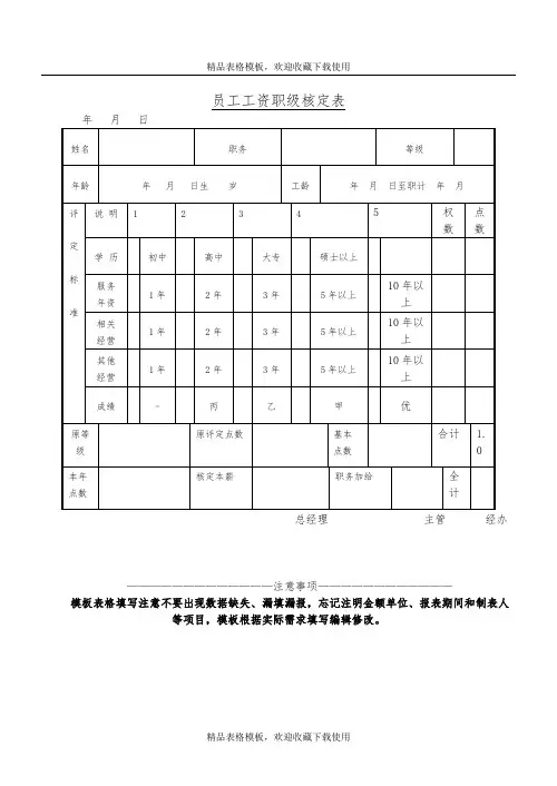 员工工资职级核定表模板