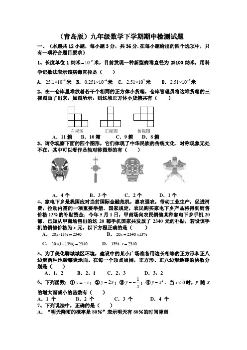 (青岛版)九年级数学下学期期中检测试题