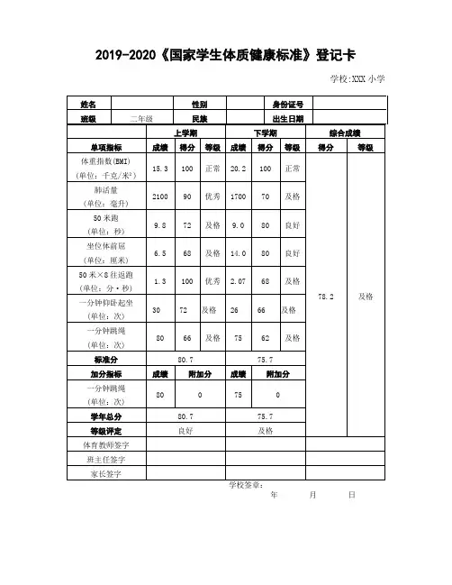 义务教育均衡发展 学生体质健康达标情况登记卡