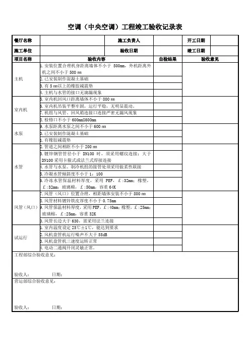 空调(中央空调)工程竣工验收记录表