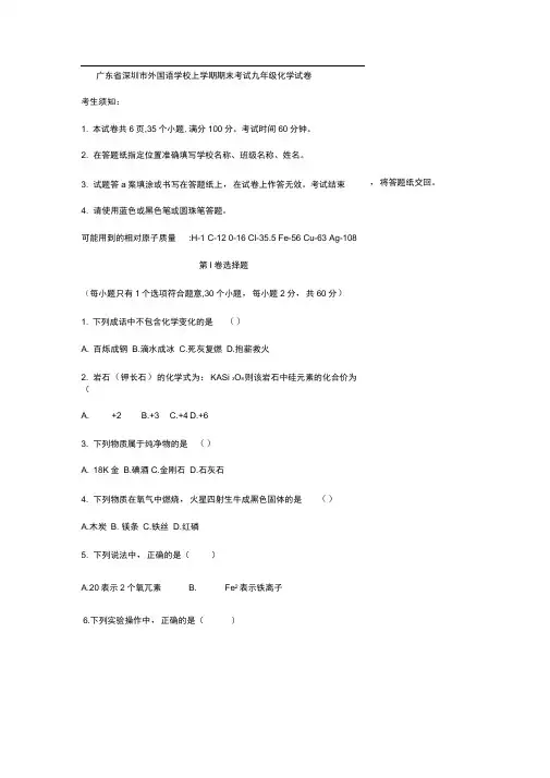 广东省深圳市外国语学校上学期期末考试九年级化学试卷(含答案)
