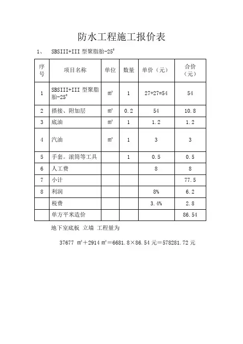 防水工程施工报价表