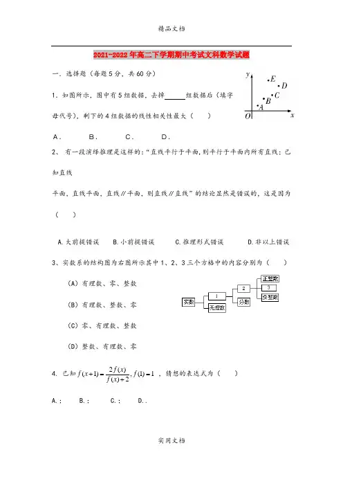 2021-2022年高二下学期期中考试文科数学试题
