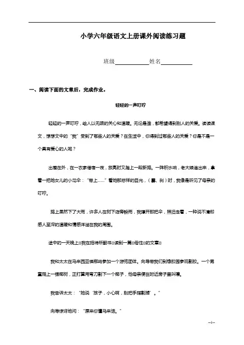 (人教新课标)小学六年级语文上册课外阅读练习题