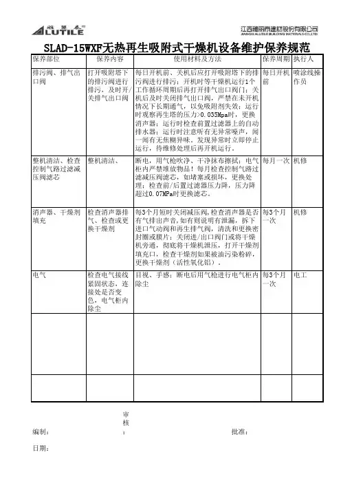 雅丽泰SLAD-15WXF无热再生吸附式干燥机机设备维护保养规范20121205