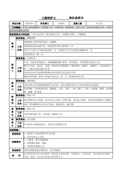 口腔科护士岗位说明书