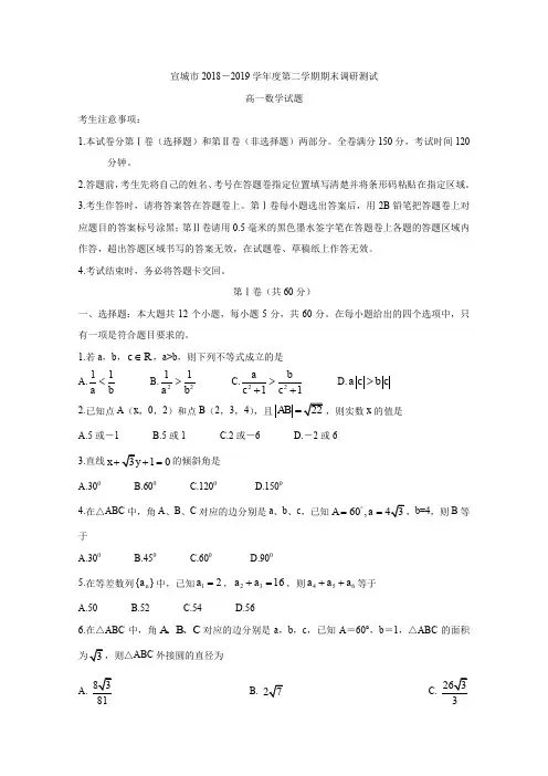 安徽省宣城市2018-2019学年高一下学期期末考试 数学 Word版含答案