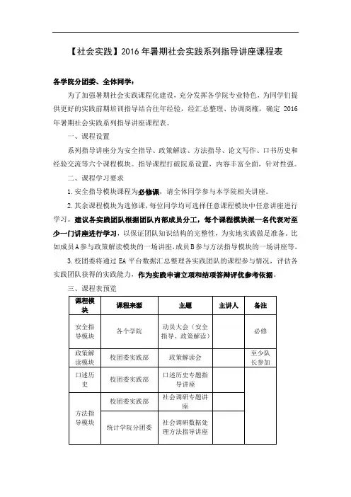 【社会实践】2016年暑期社会实践系列指导讲座课程表