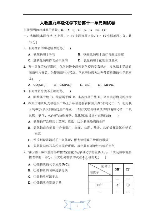 人教版九年级化学下册第十一单元测试卷(含答案)