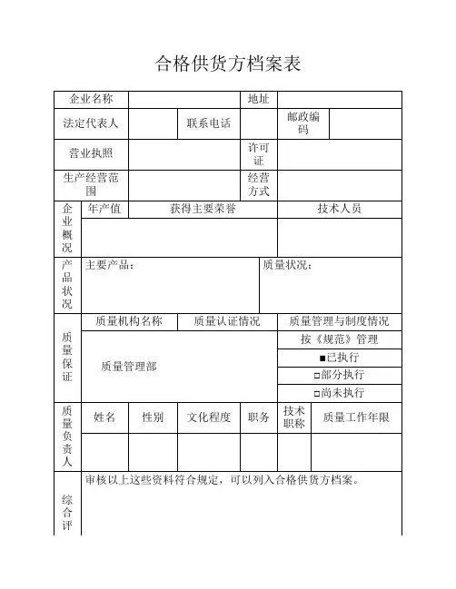 合格供货方档案表