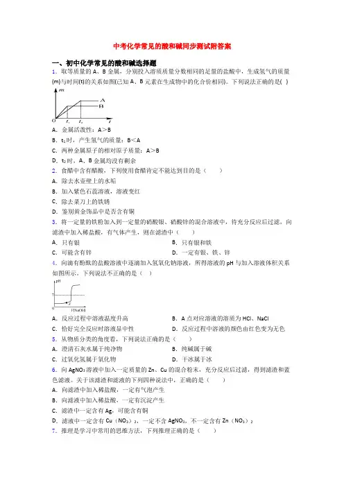 中考化学常见的酸和碱同步测试附答案