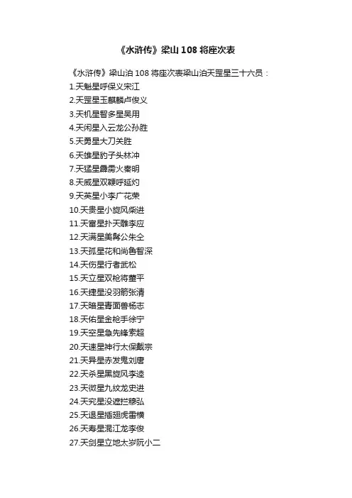《水浒传》梁山108将座次表