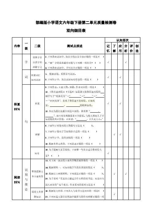 部编版小学语文六年级下册第二单元质量检测卷双向细目表