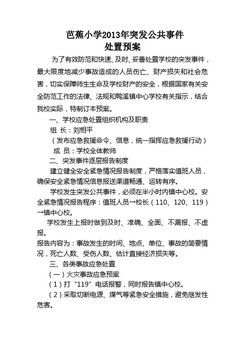 芭蕉小学2013突发公共事件紧急处置预案