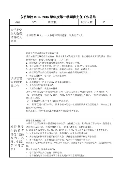 小学班主任工作总结表格模板