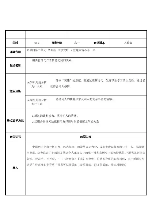 人教版高中语文必修四 6.《水龙吟  登建康赏心亭》教案