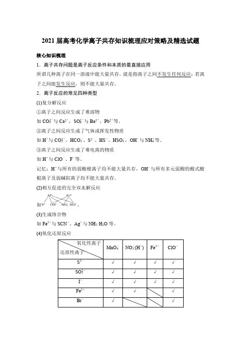 2021届高考化学离子共存知识梳理应对策略及精选试题(7页)