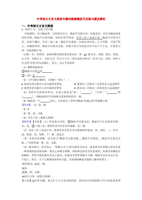 中考语文文言文阅读专题训练解题技巧及练习题及解析