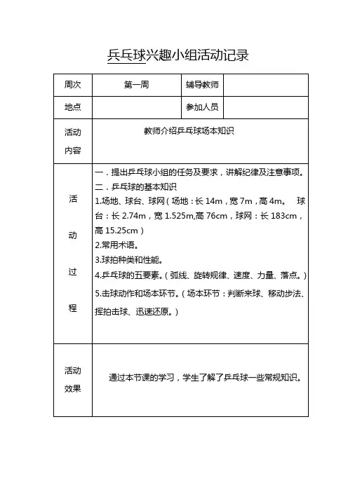 乒乓球课外活动记录