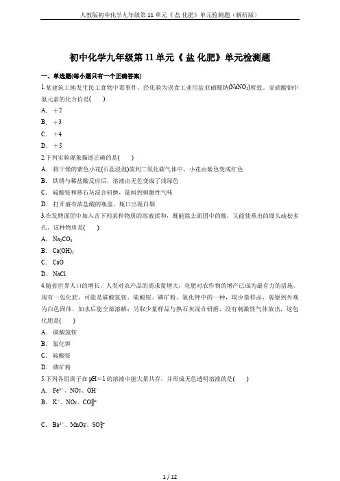 人教版初中化学九年级第11单元《 盐 化肥》单元检测题(解析版)