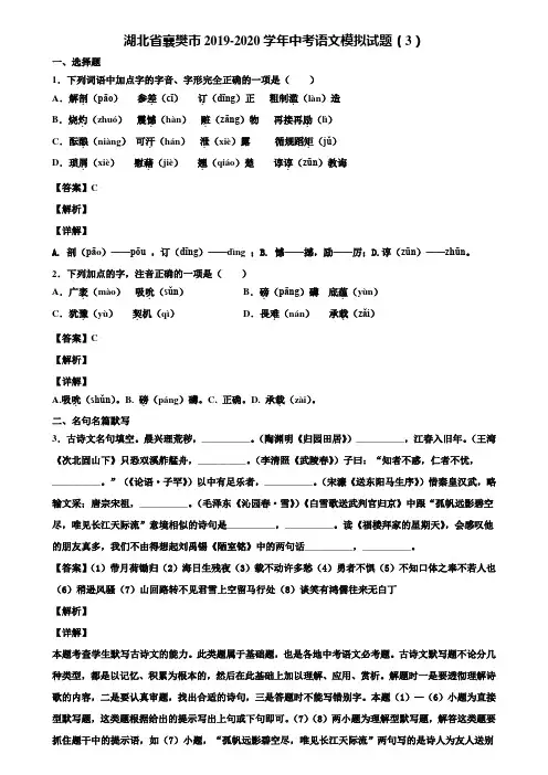 湖北省襄樊市2019-2020学年中考语文模拟试题(3)含解析