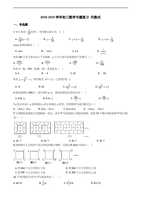 2018-2019学年初三数学中考专题复习 代数式(含参考答案)