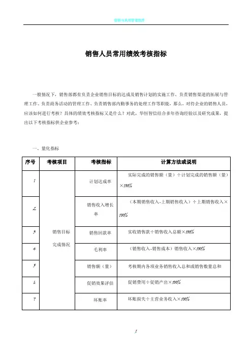 销售人员常用绩效考核指标