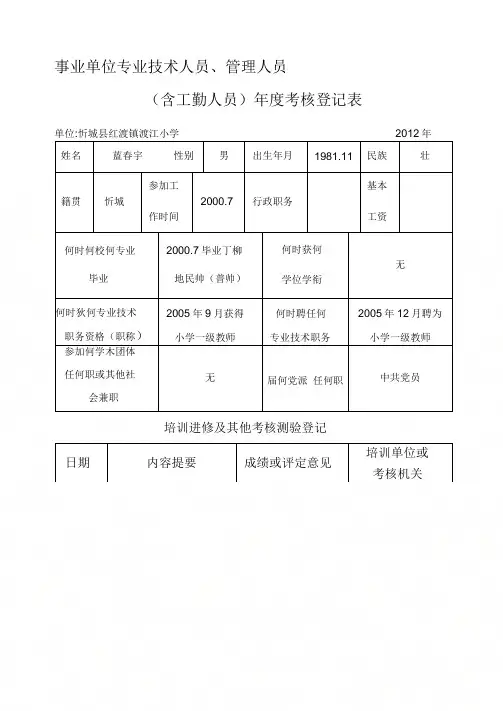 2012年事业单位工作人员年度考核登记表