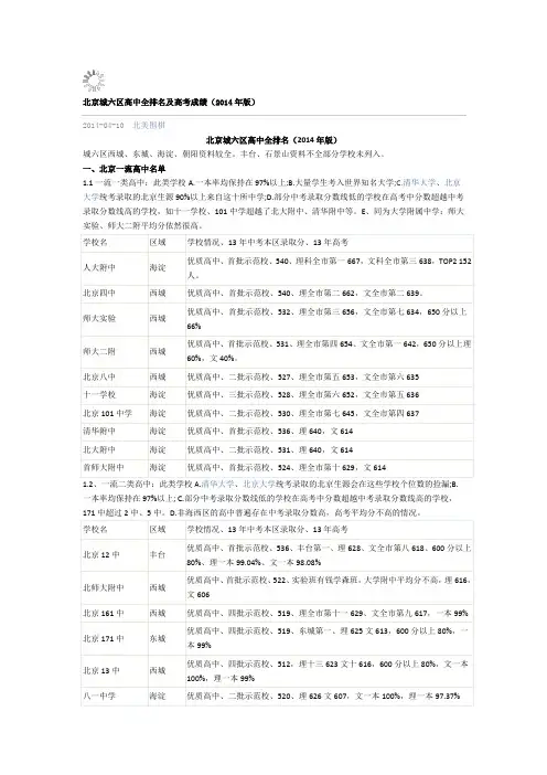 北京城六区高中全排名及高考成绩(2014年版)
