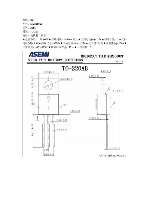 ASEMI MUR1620CT THUR MUR1660CT参数与伏安特性曲线规格书