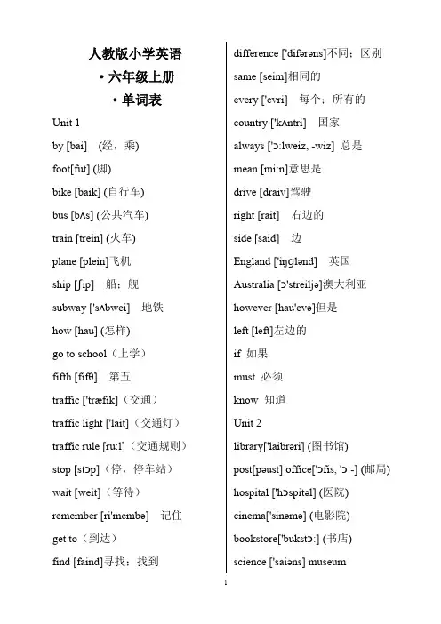 人教版小学英语六年级上、下册单词表(带有音标)(最新整理)