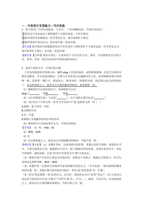 中考 语文配套练习册句式变换答案及答案(Word版)