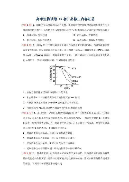2019年高考生物试卷真题(7套)必修三内容汇总含答案