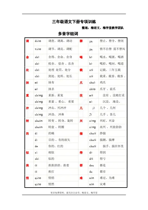 部编版三年级下册语文多音字组词汇总