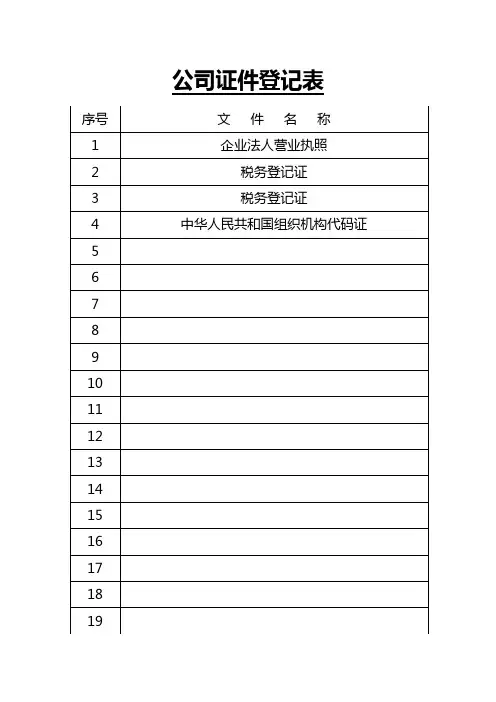 公司证件登记表