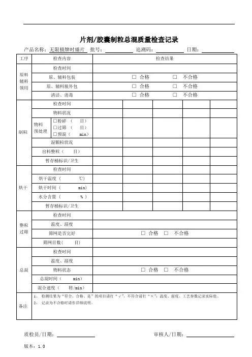片剂(胶囊)制粒总混质量检查记录