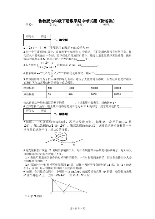 鲁教版七年级下册数学期中考试题(附答案)