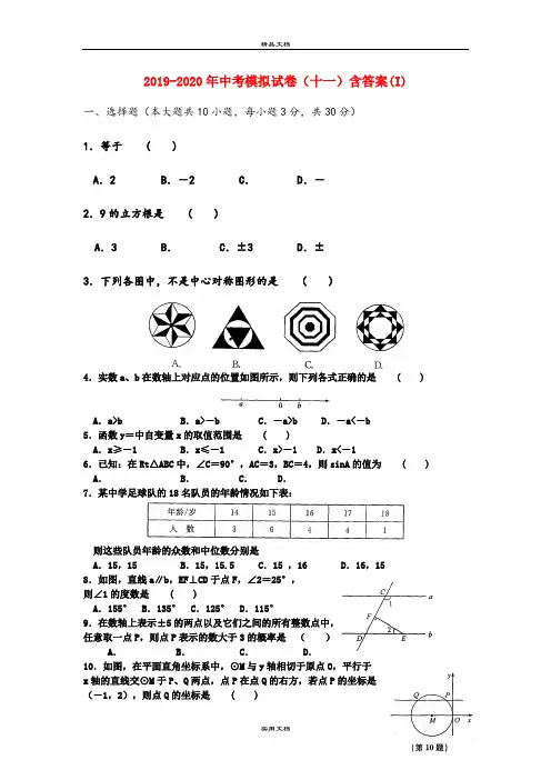 中考模拟试卷(十一)含答案(I)