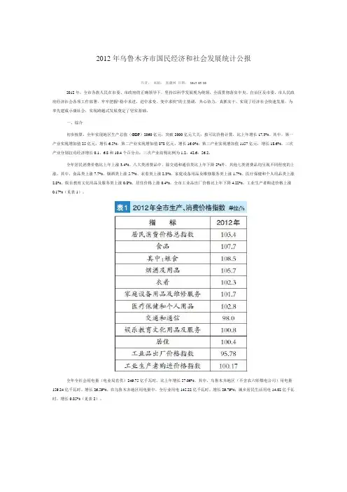 2012年乌鲁木齐市国民经济和社会发展统计公报